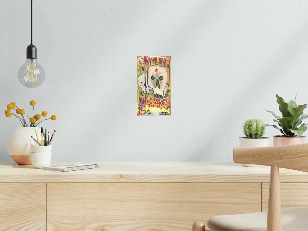 Tableau Skull Art de TAREK dans un intérieur – 14 × 24 cm