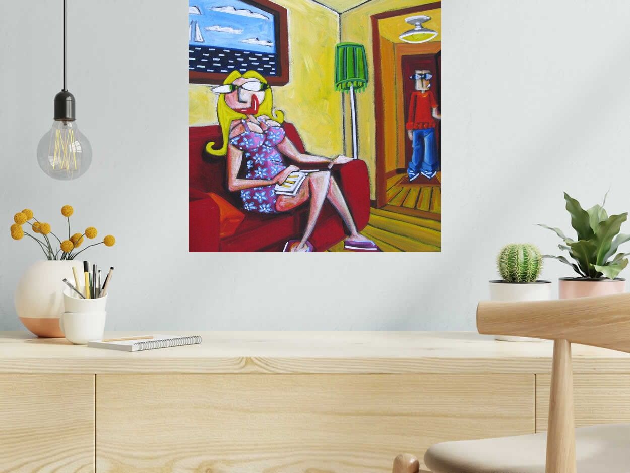 Tableau JULIE ATTEND SON JULES de B BOSS dans un intérieur – 50 × 50 cm