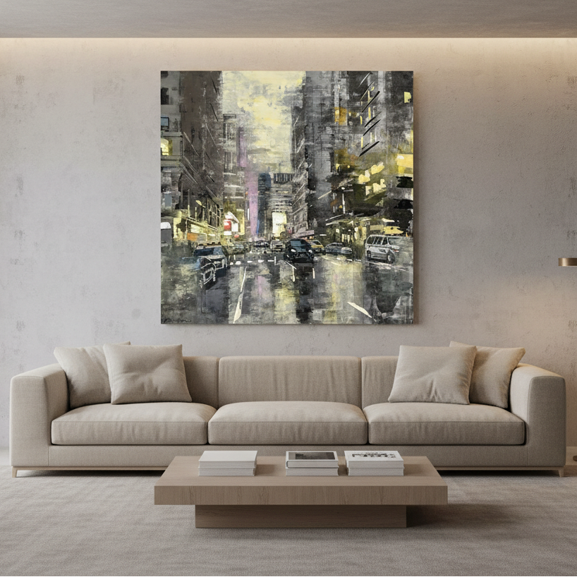 Tableau 7th Avenue Yellow Light de ADRIEN FAVEAU dans un intérieur – 100 × 100 cm