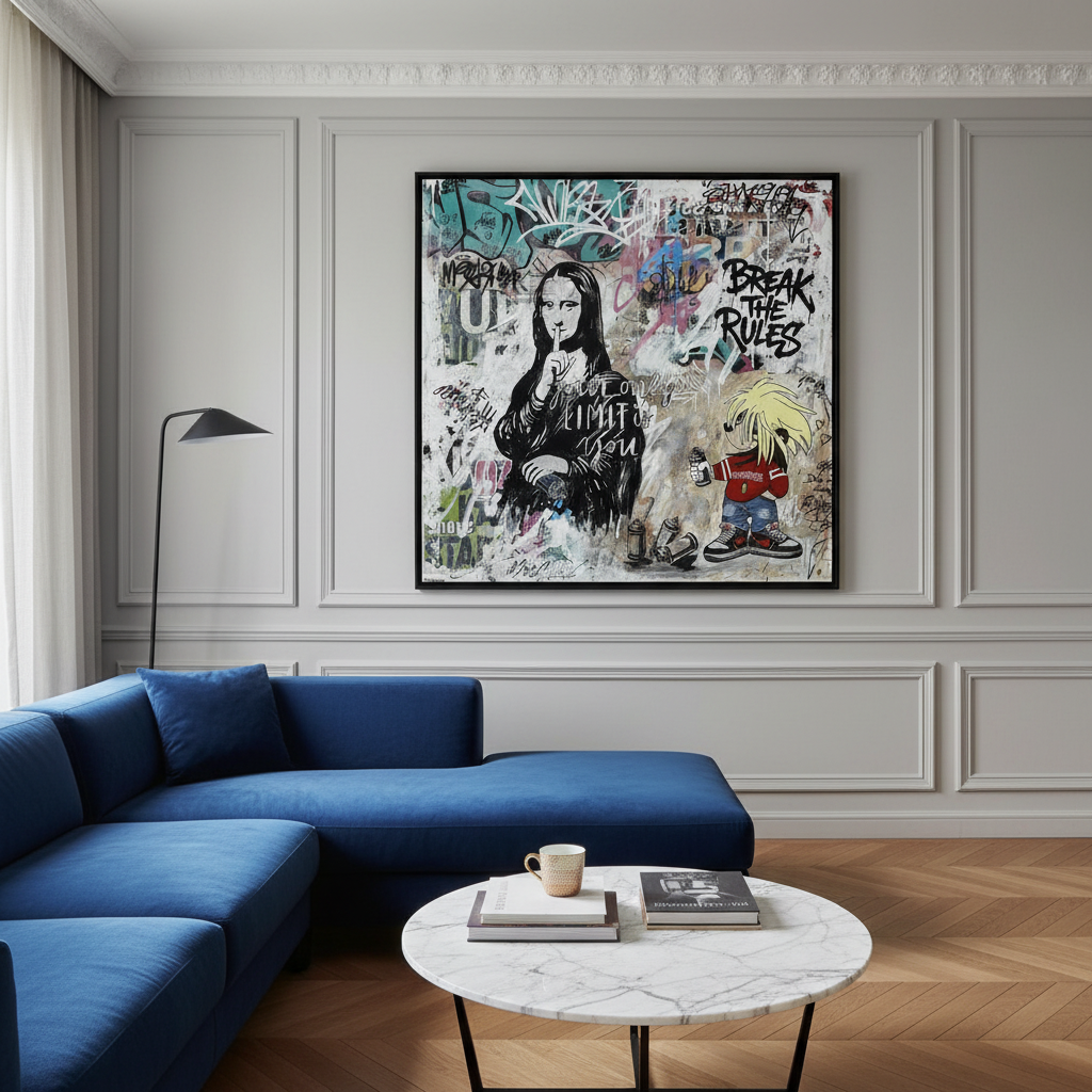 Tableau Break the Rules de PATRICIA GADISSEUR pour salon moderne – 100 × 100 cm