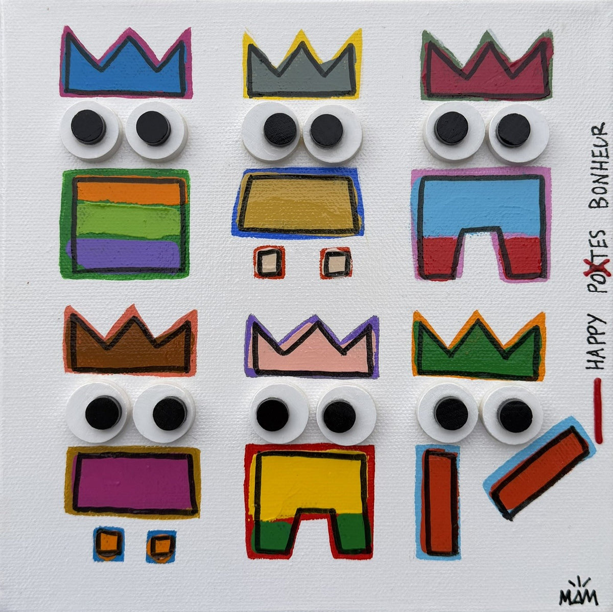 Tableau technique mixte pop art multicolore de MAM, Happy Tribu, 20 x 20 cm