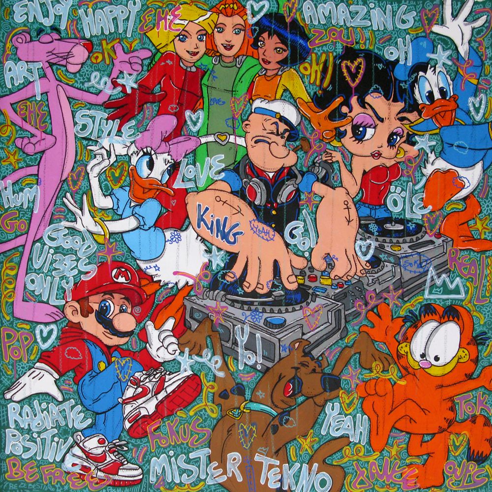 Tableau street art format xxl Enjoy Dj Popeye – RICO SAB – 150 × 150 cm