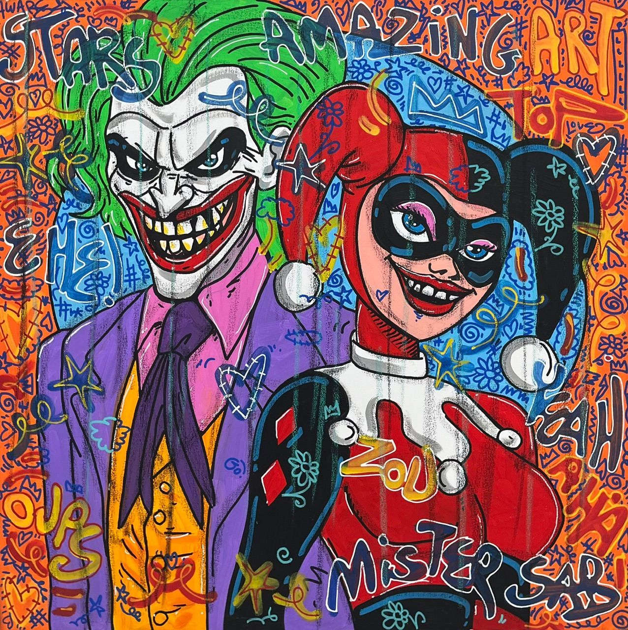 Tableau street art format xxl vert et violet Amazing Joker & Harley – RICO SAB – 80 × 80 cm
