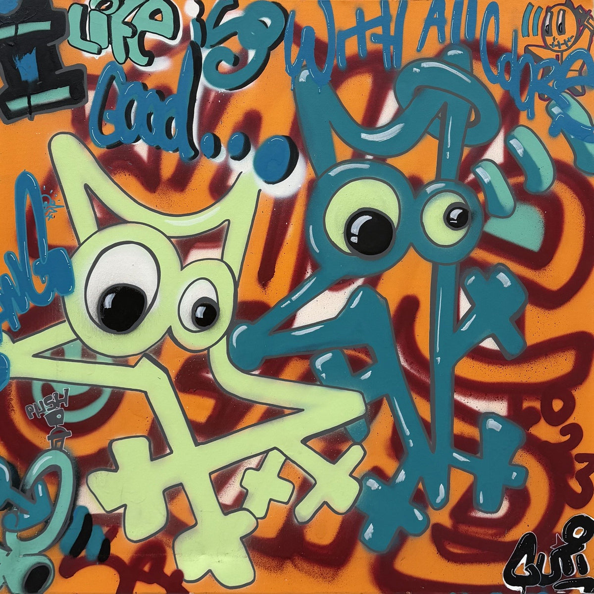 Tableau street art technique mixte bleu et orange 80x80 cm de GUTI, So Spritz