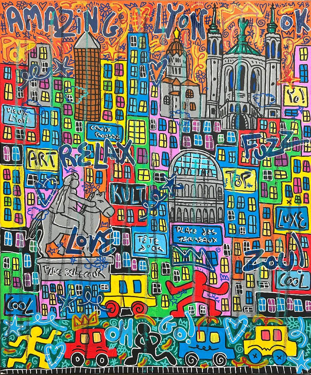 Tableau street art grand format orange Amazing Lyon – RICO SAB – 100 × 80 cm
