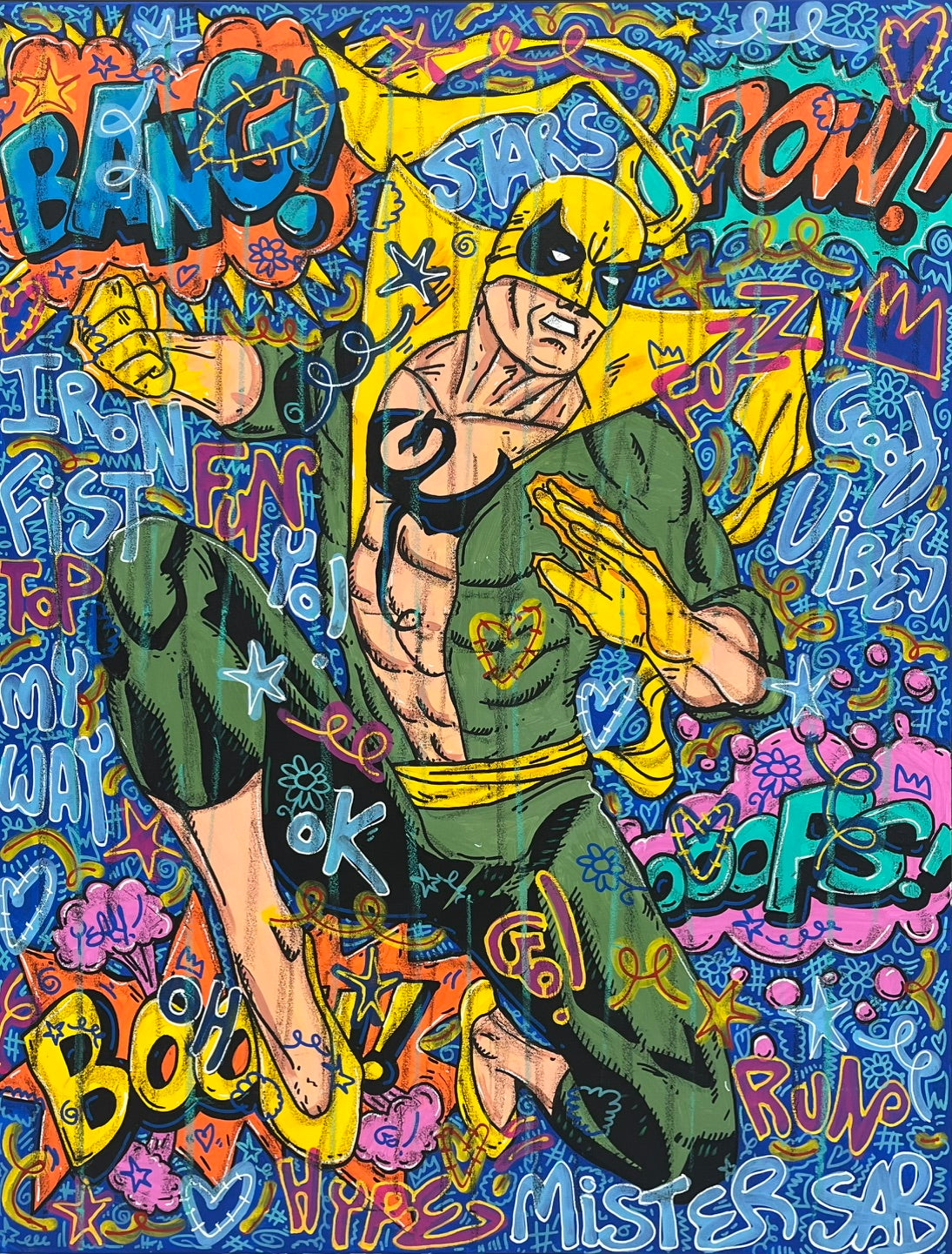Tableau street art grande taille bleu et vert Iron Fist Pow – RICO SAB – 116 × 89 cm