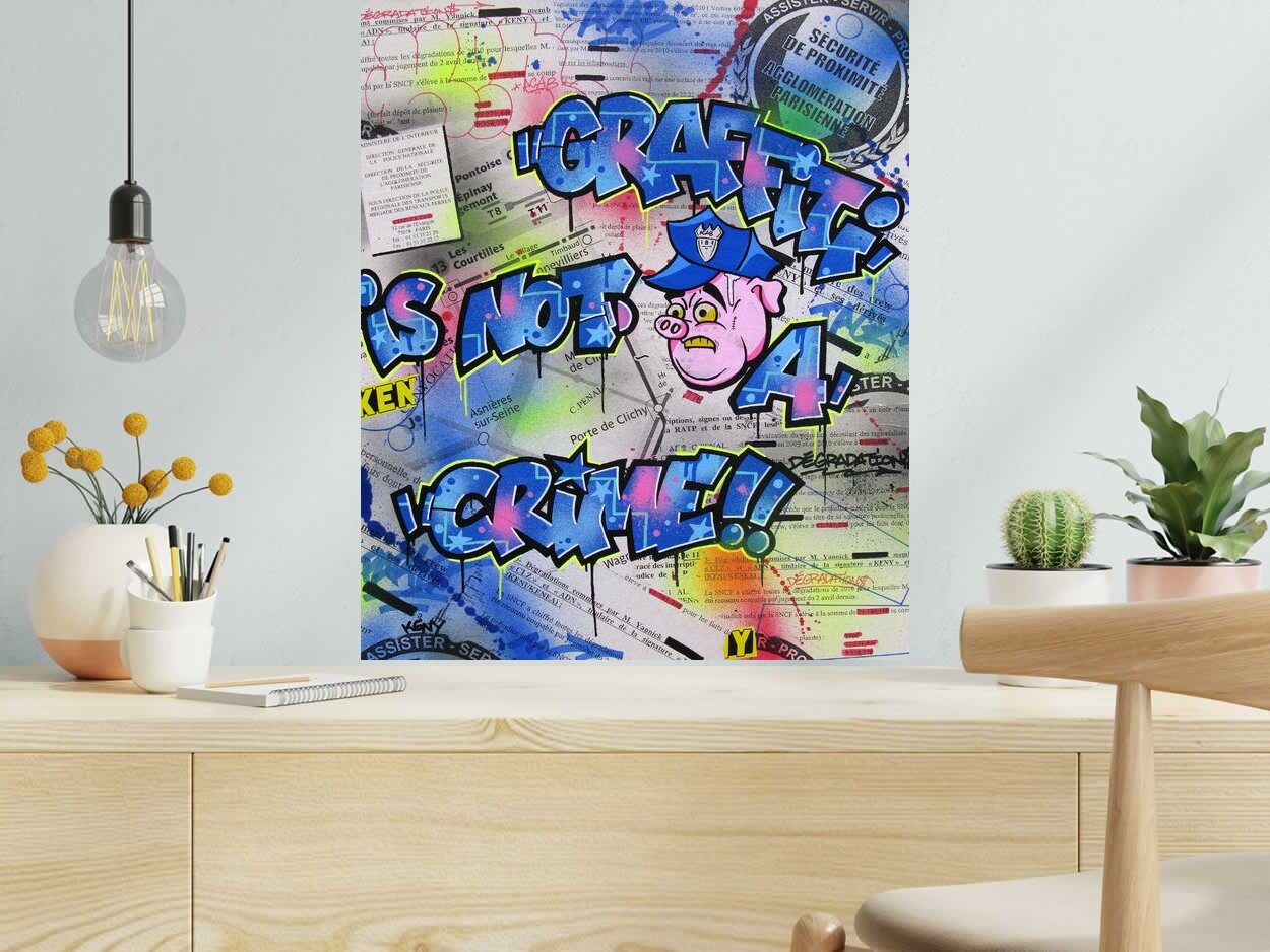 Tableau ALL PIGS ARE BASTARDS de KENY dans un intérieur – 54 × 65 cm