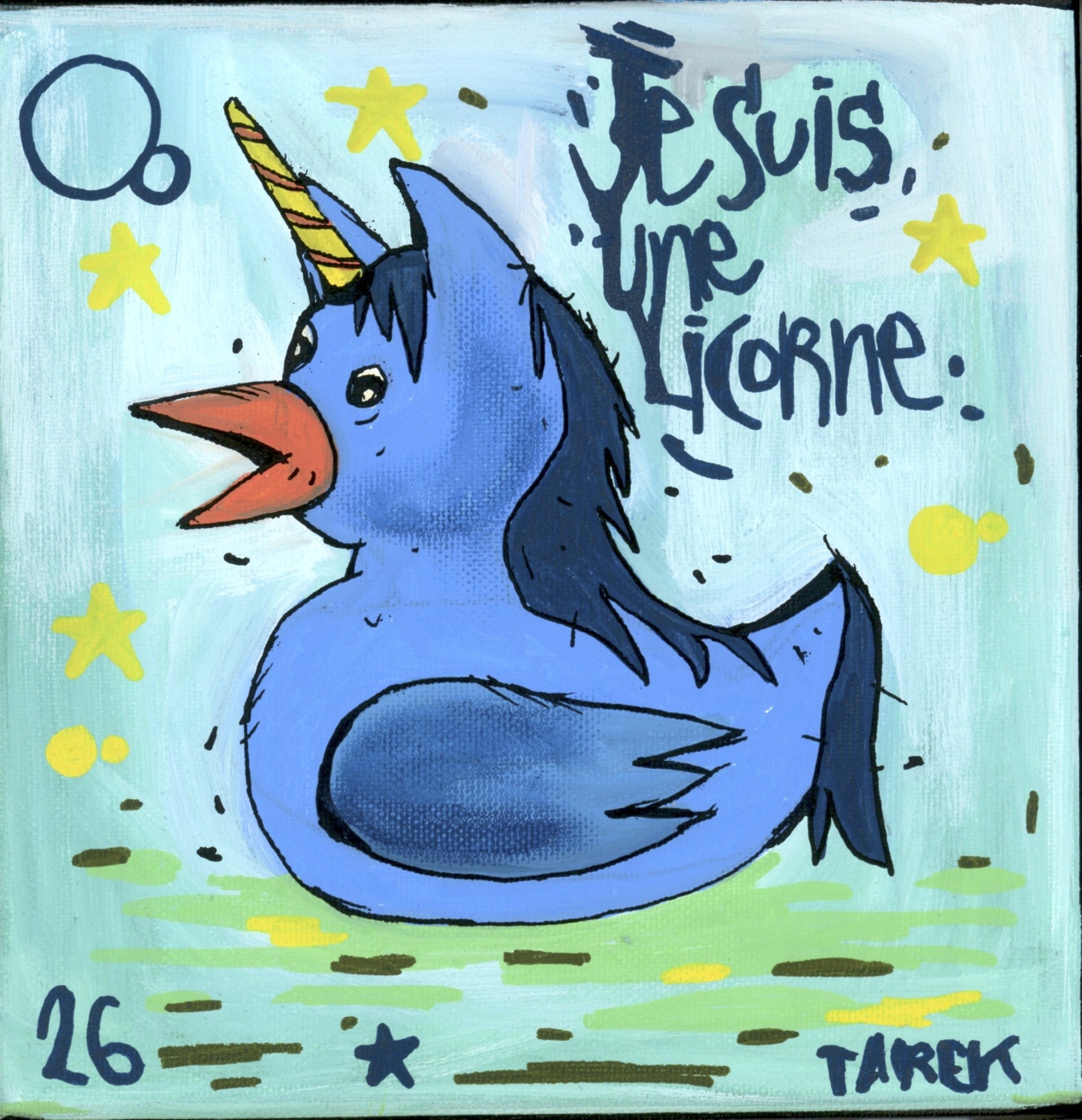 Tableau street art petit format bleu Je suis une licorne – TAREK – 20 × 20 cm