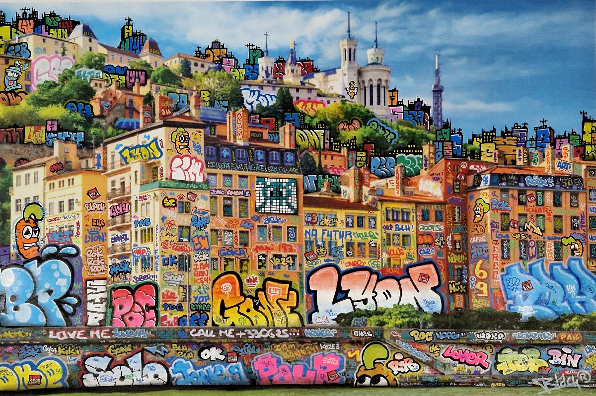 Tableau de BLACH a pour titre Lyon Feat Carotte style graffiti, street art dim : BLACHprix:500