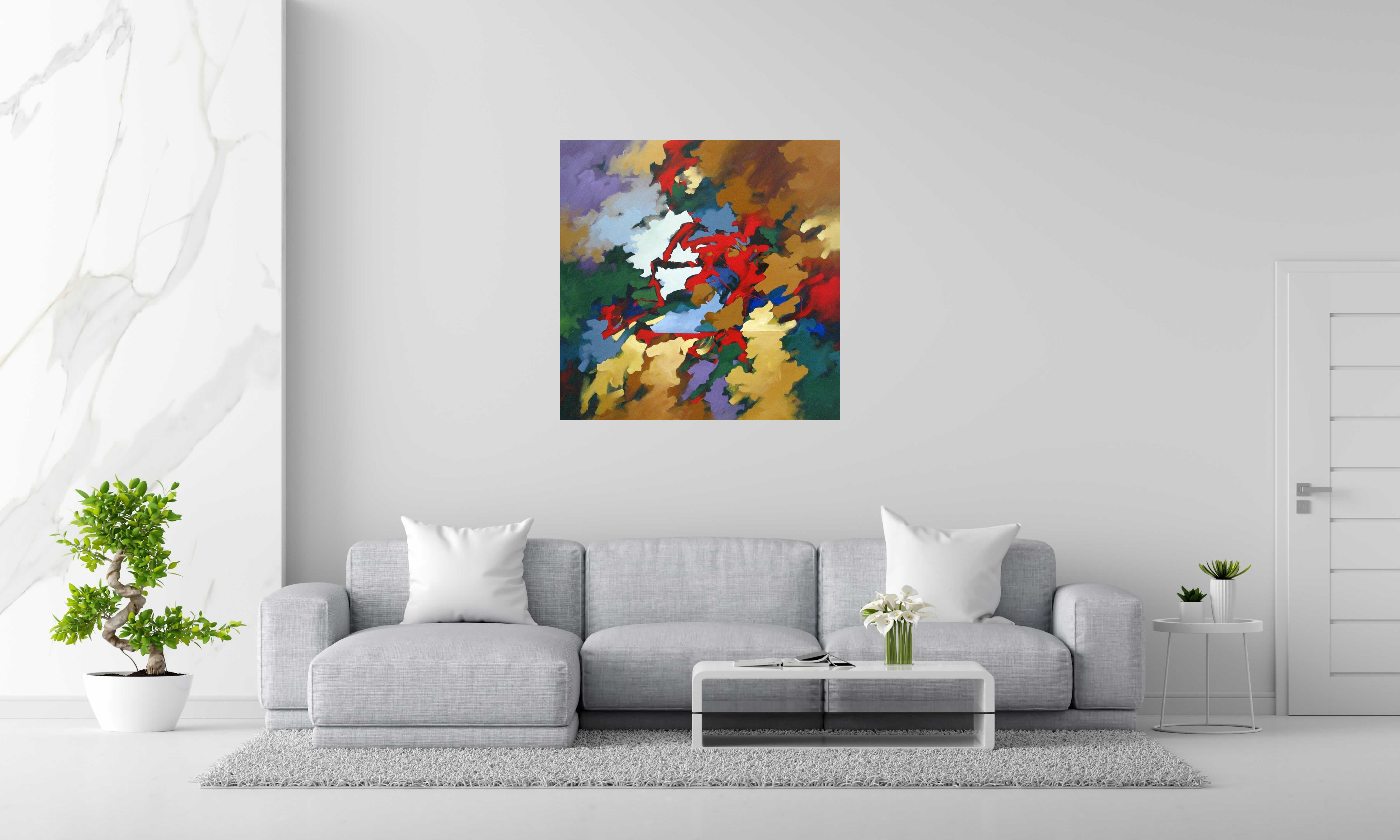 Toile PEINTURE ABSTRAITE 77 de BRUNEAU dans un intérieur – 100 × 100 cm