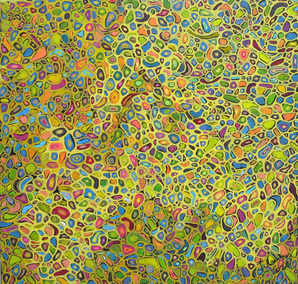 Toile abstraite format xxl jaune MICROMONDE 2 – JAVIER RAMIREZ – 100 × 100 cm