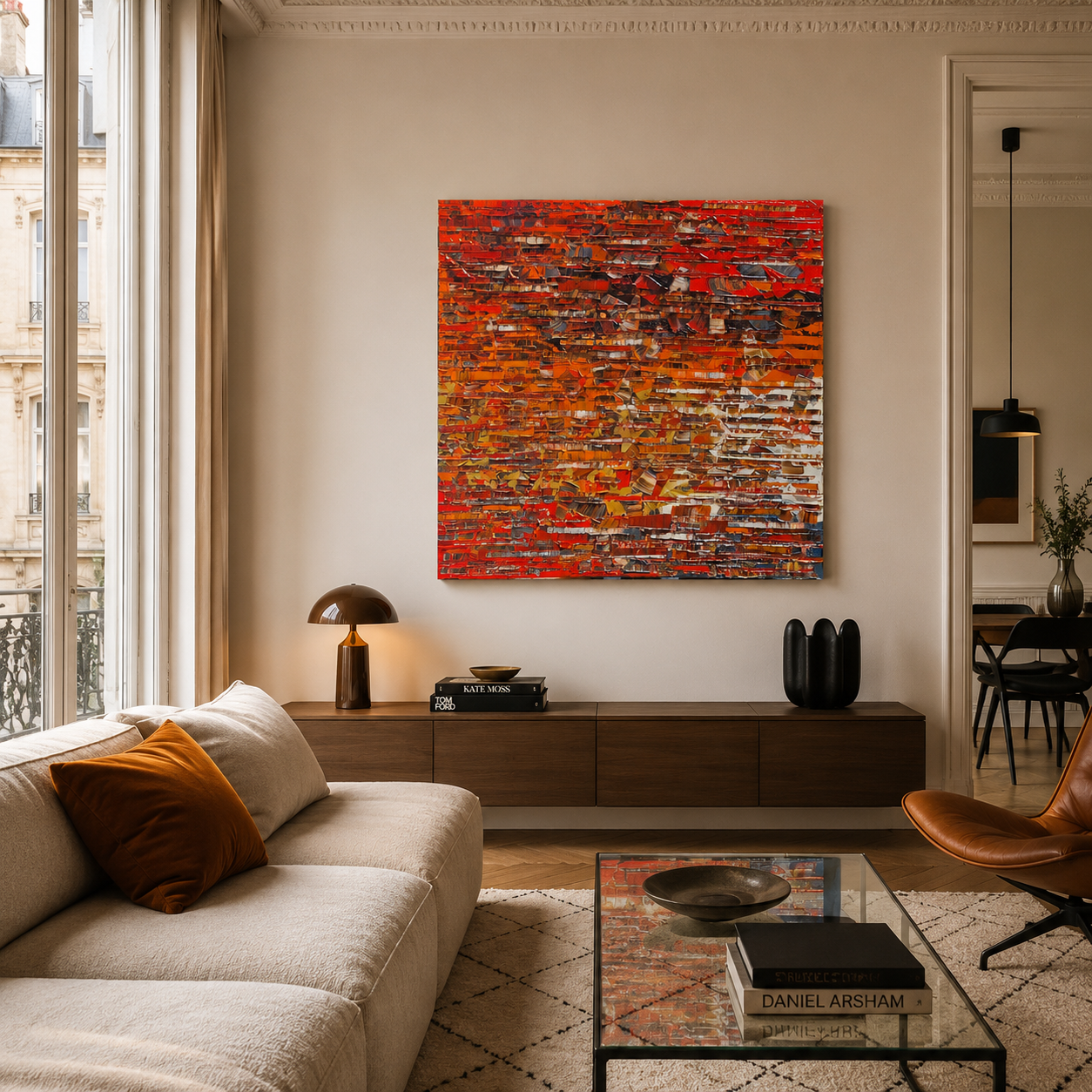 Toile Peinture 09-2025-48 de ALAIN BECANNE dans un intérieur – 100 × 100 cm