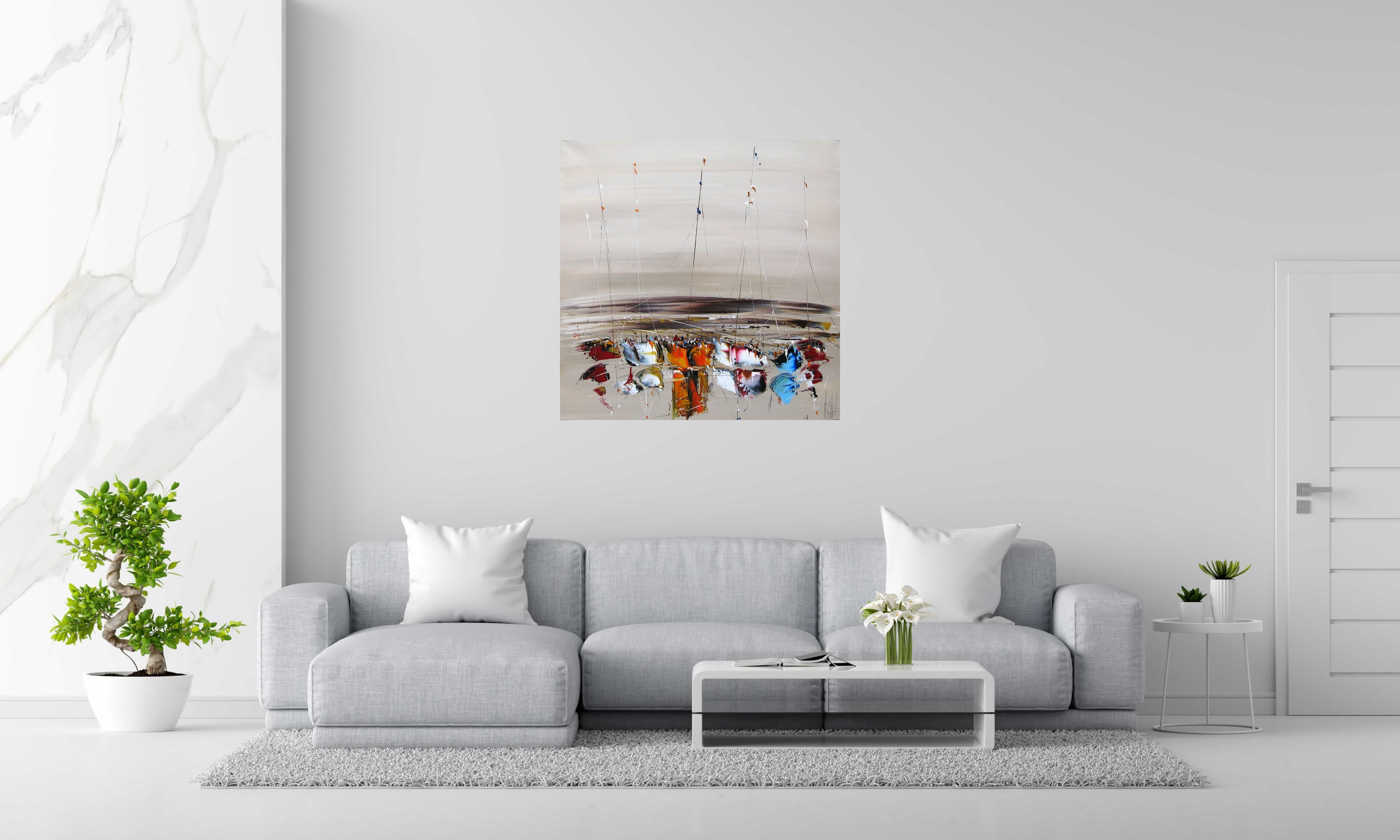 Toile MARINE ABSTRAITE 2022-17 de F. BOUTET dans un intérieur – 100 × 100 cm