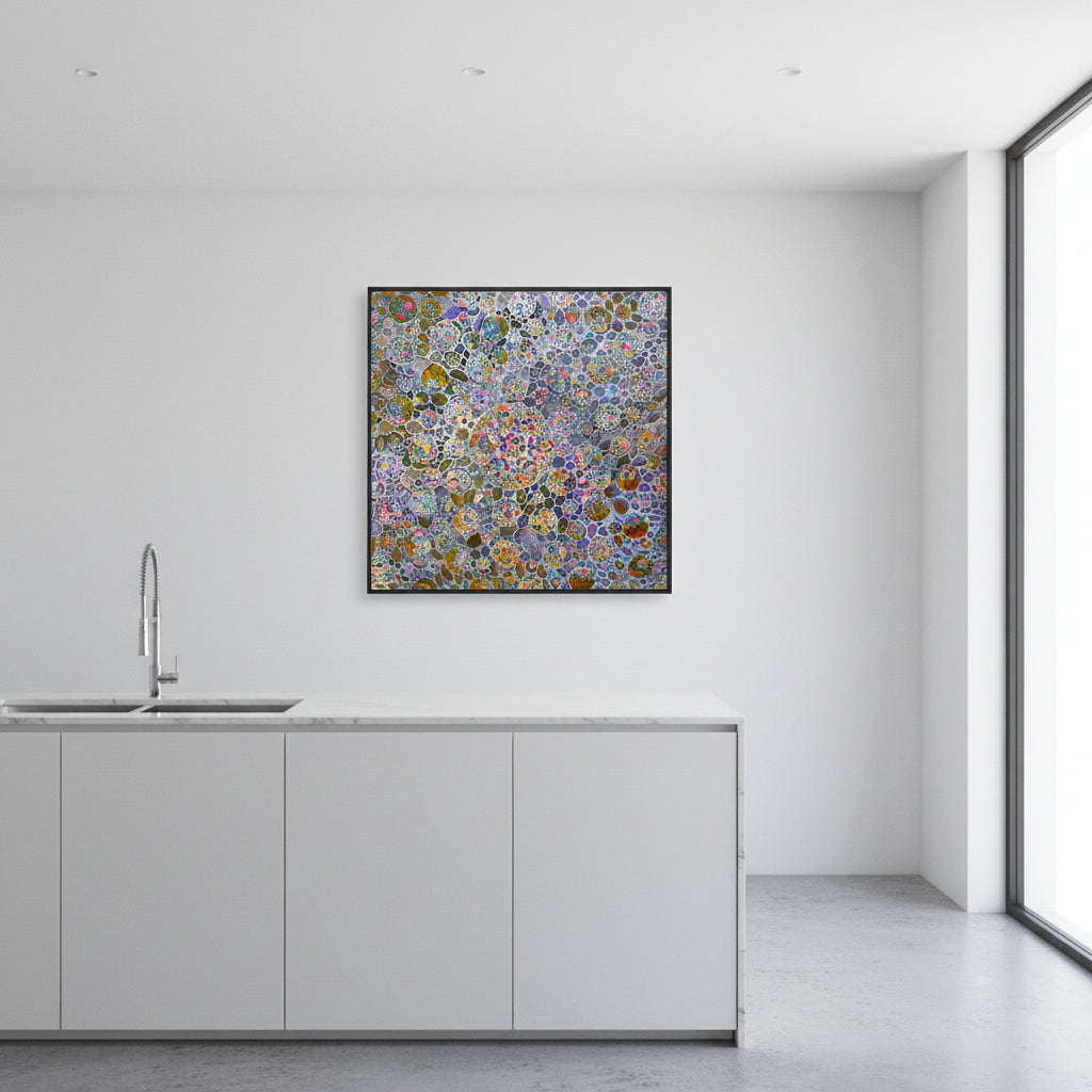 Toile abstraite multicolore de Javier Ramirez, Micromonde 6, acrylique sur toile, 100 x 100 cm