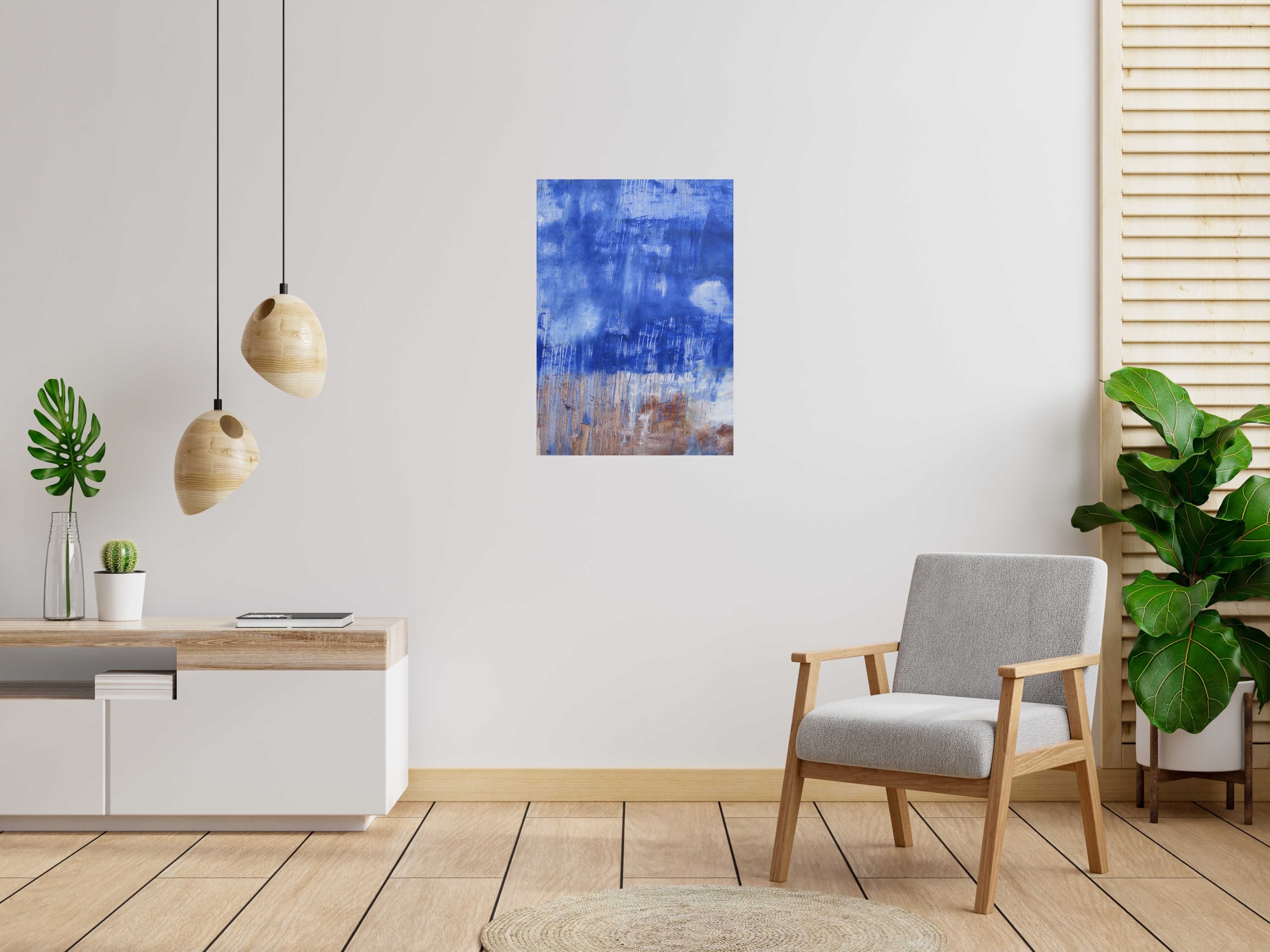 Toile BLEU MARINE de PASCALE JACQUEMOND dans un intérieur – 87 × 62 cm