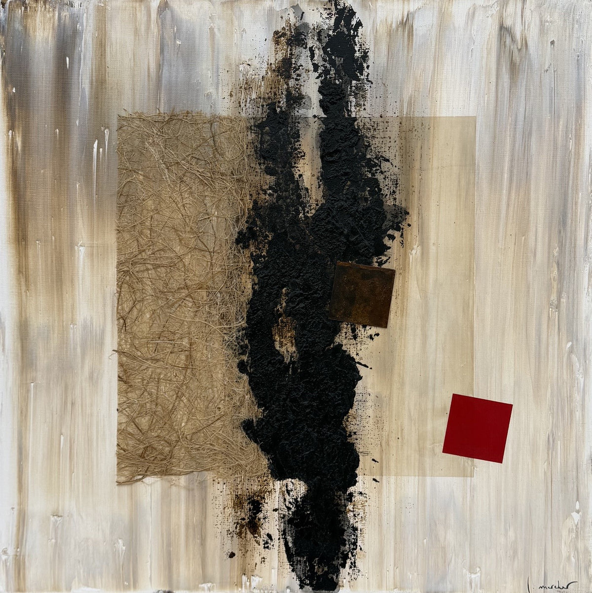 Toile abstraite en technique mixte beige et rouge de Ludovic Mercher, 50 x 50 cm
