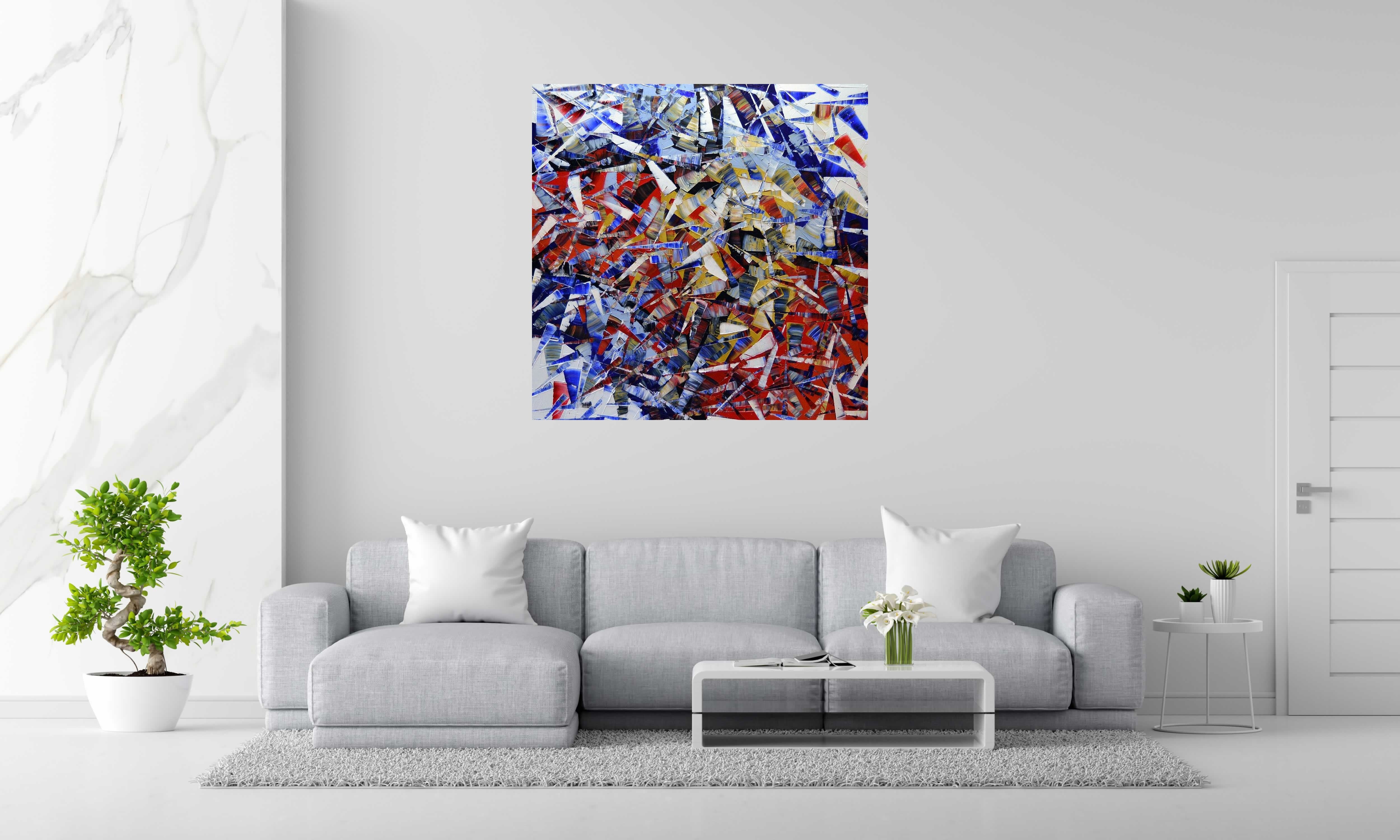 Toile PEINTURE 01-2021-07 de ALAIN BECANNE dans un intérieur – 120 × 120 cm