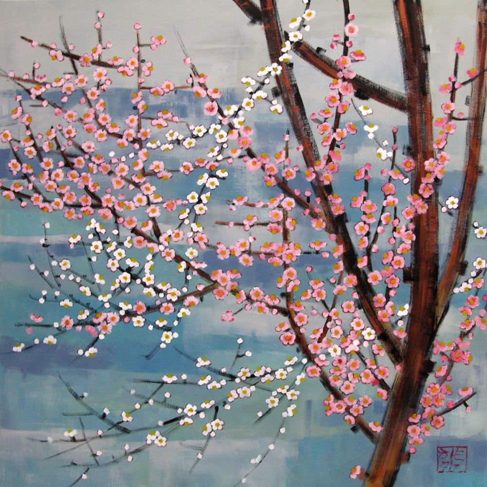 Toile figurative grand format bleu FLORAISON MATINALE – JEONG MIN LEE – 100 × 100 cm