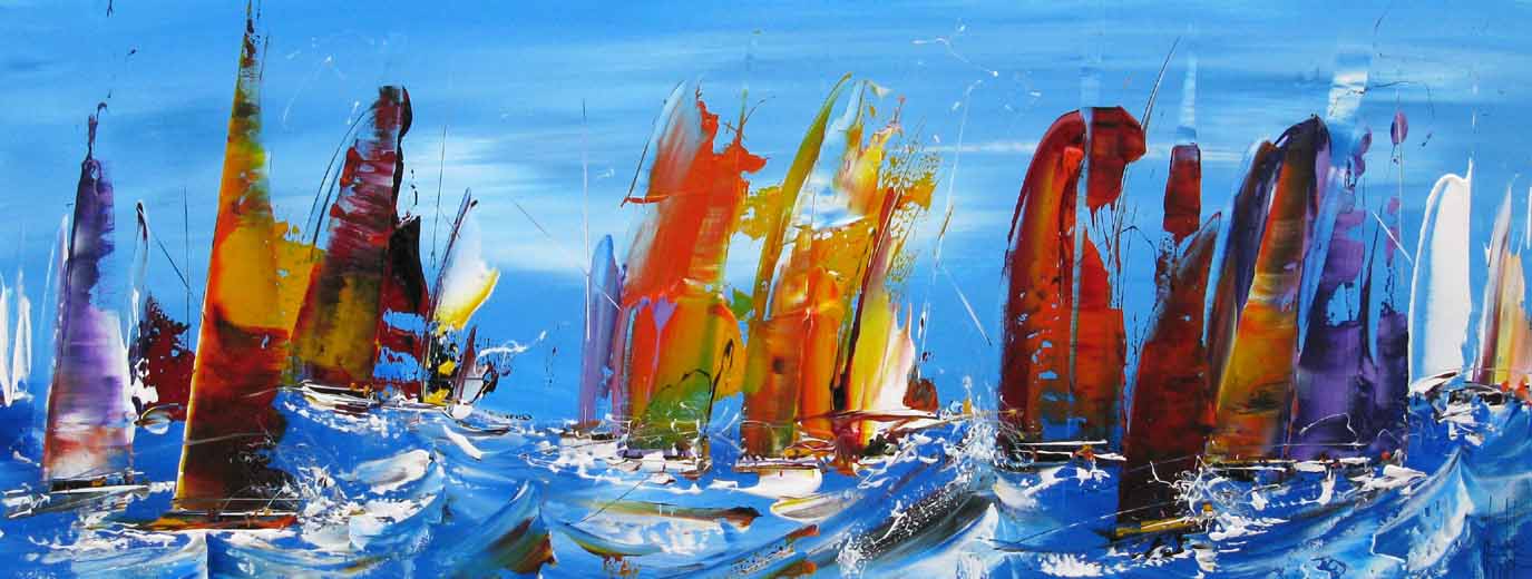Toile figurative grand format bleu et orange Marine abstraite 2023-40 – F. BOUTET – 120 × 40 cm
