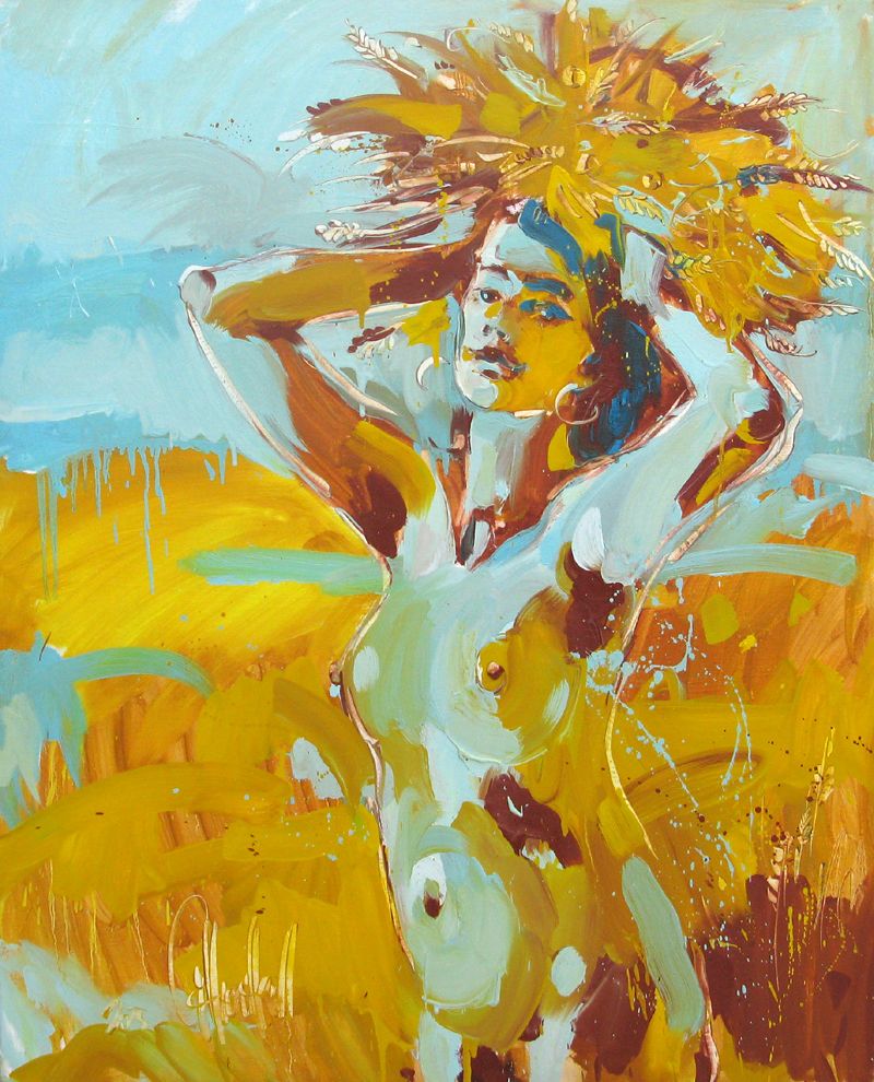 Toile figurative grand format jaune Couronne de blé – OLENA SINIUHINA – 100 × 80 cm