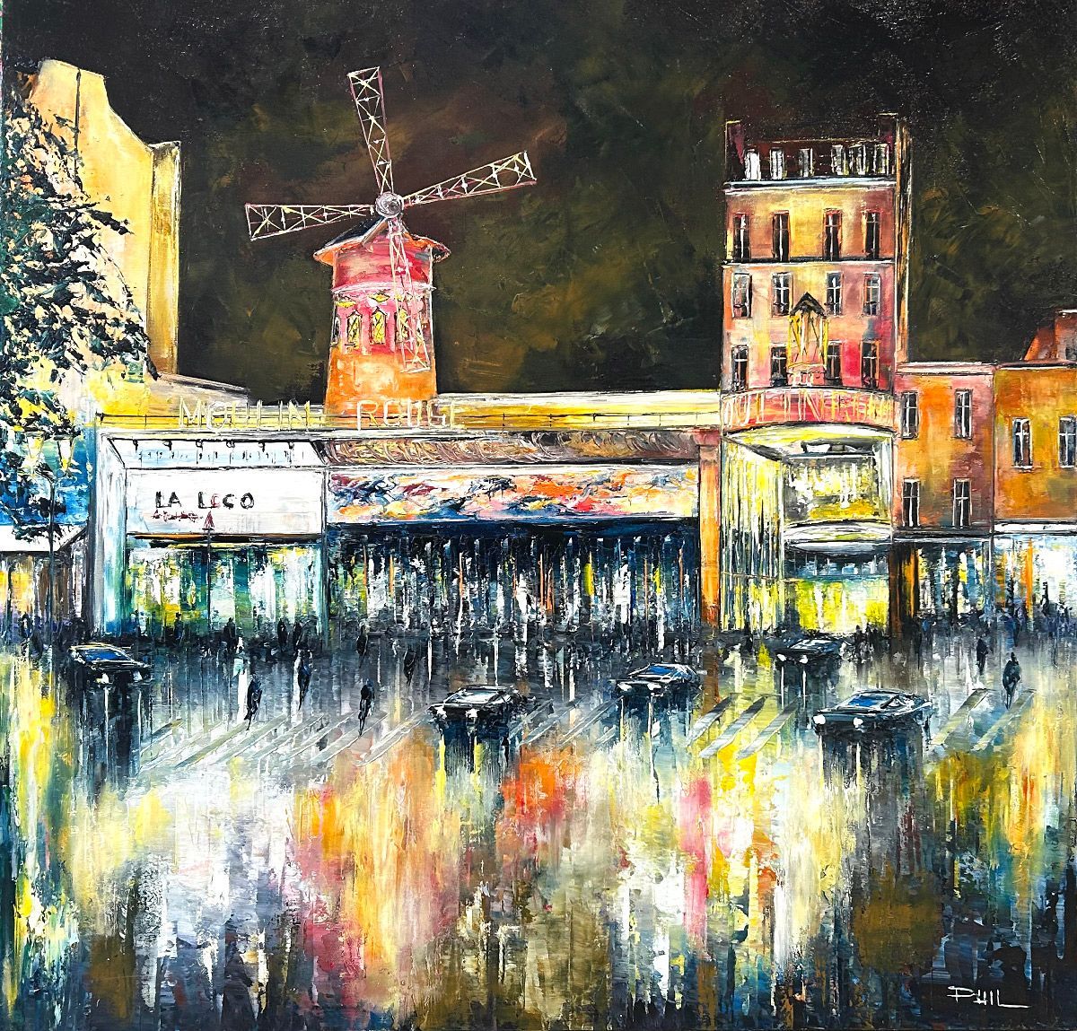 Toile figurative grand format Le moulin rouge – PHIL – 80 × 80 cm