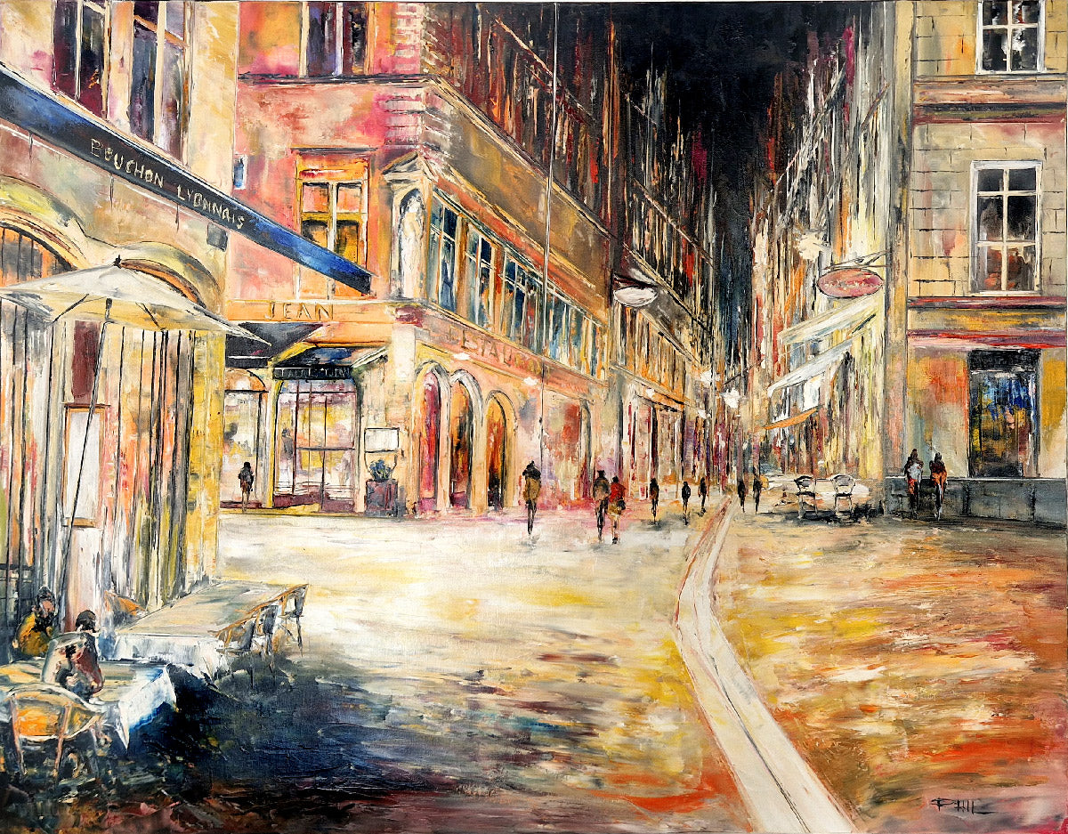Toile figurative grande taille jaune et marron Rue St Jean, Lyon – PHIL – 81 × 100 cm