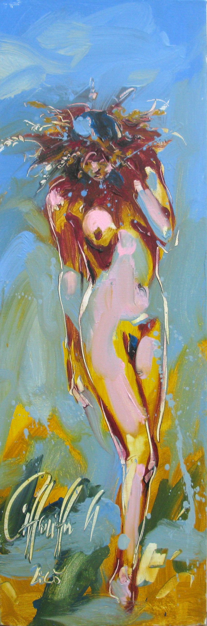 Toile figurative petit format jaune Couronne de blé 2 – OLENA SINIUHINA – 60 × 20 cm