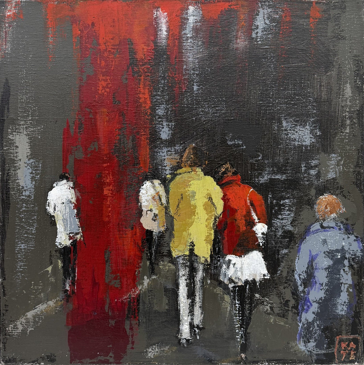 Toile figurative en acrylique gris et rouge, 50 x 50 cm, Kate Bailey, Action 1