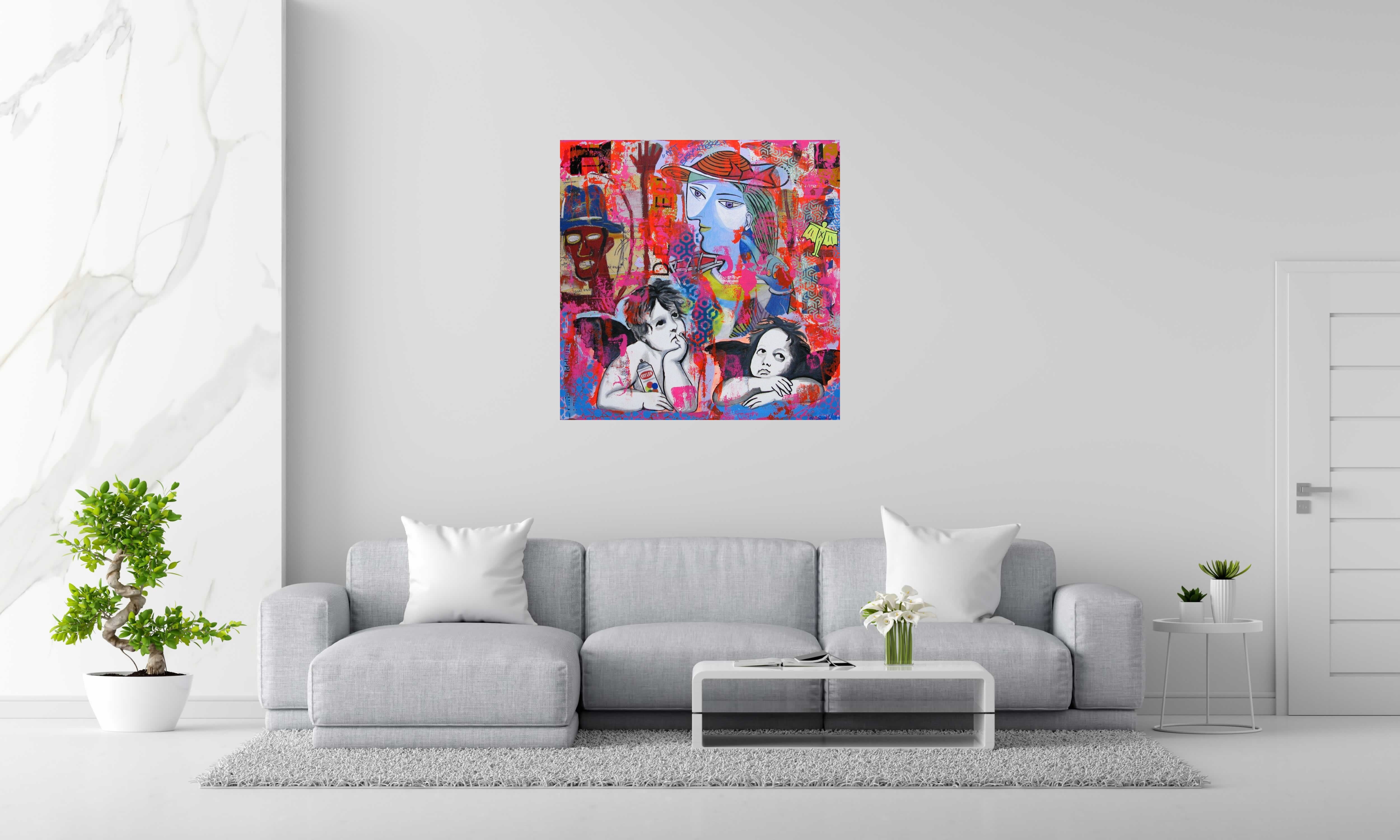 Toile Story of art de SARA CHELOU dans un intérieur – 100 × 100 cm
