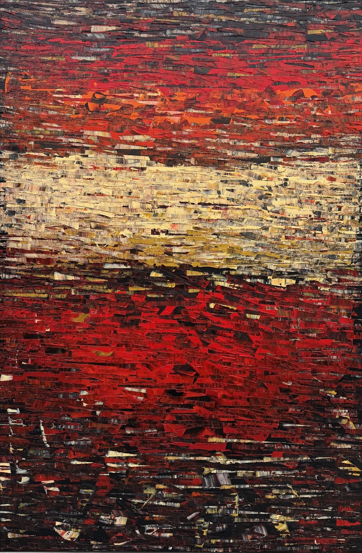 Toile abstraite huile sur toile au couteau rouge et ocre en très grand format par Alain Becanne