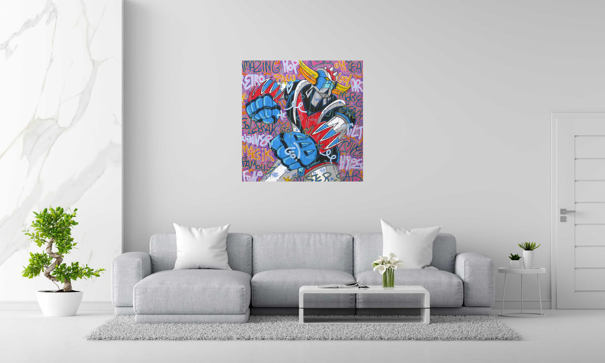 Toile Go go go Goldorak de RICO SAB dans un intérieur – 100 × 100 cm