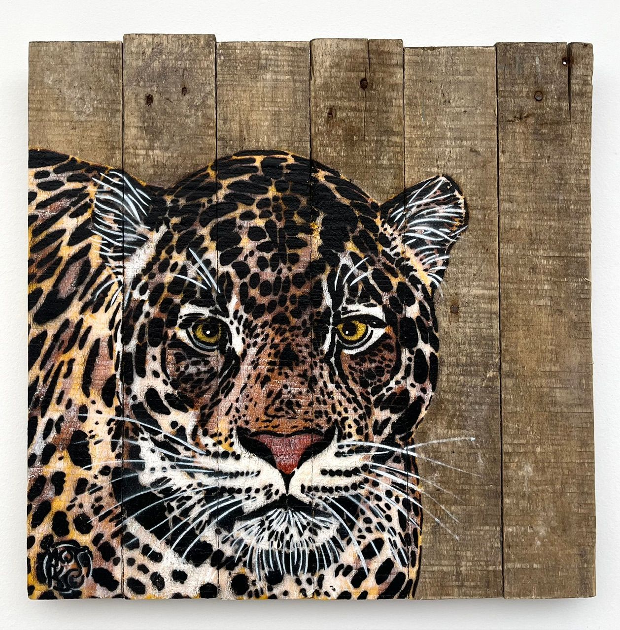 Toile street art petit format noir et orange Buste panthère – MOSKO – 40 × 40 cm