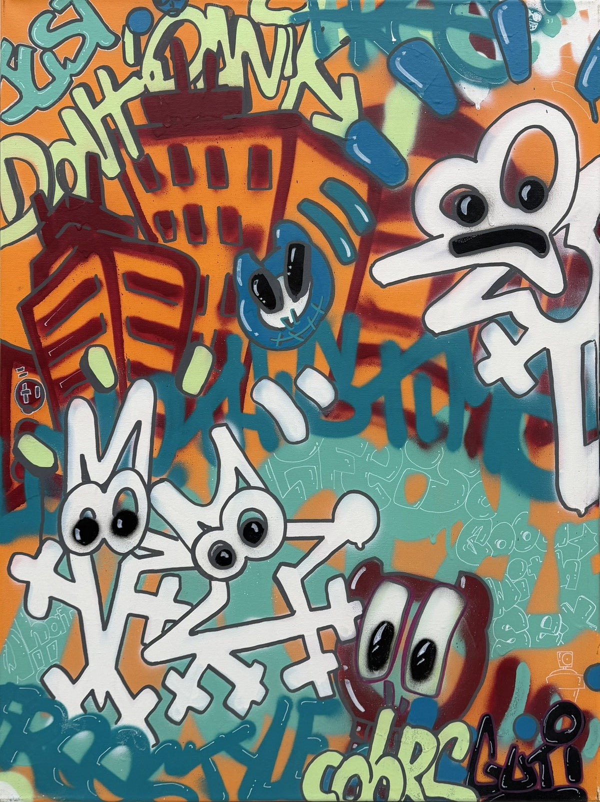 Toile de GUTI intitulée Watt, technique mixte, 60 x 81 cm, bleu et orange