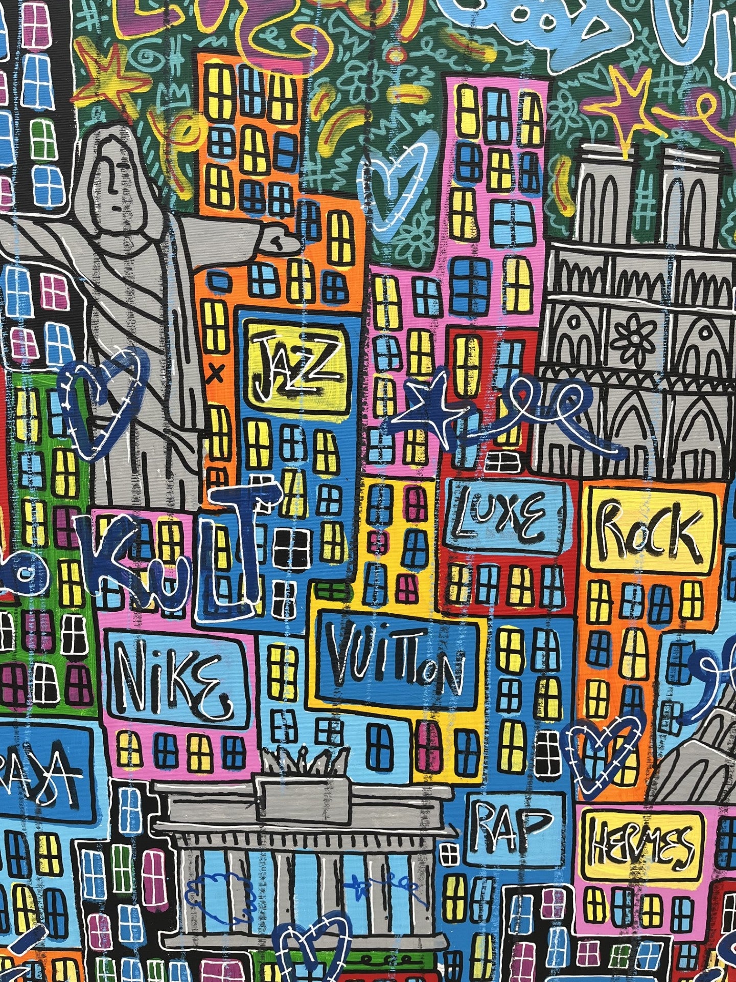Toile Good Vibes Cities de RICO SAB dans un intérieur – 130 × 195 cm