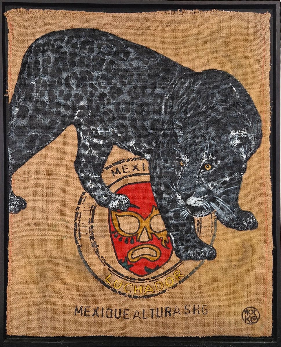 Tableau de MOSKO a pour titre  Jaguar noir luchador style street art dim : MOSKOprix:2200