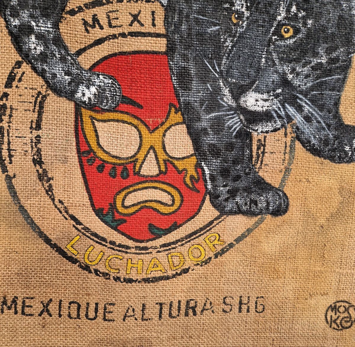 Tableau de MOSKO a pour titre  Jaguar noir luchador style street art dim : MOSKOprix:2200