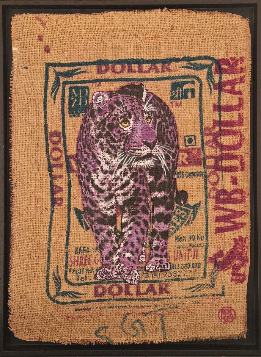 Tableau de MOSKO a pour titre  Jaguar violet dollar style street art dim : MOSKOprix:1600