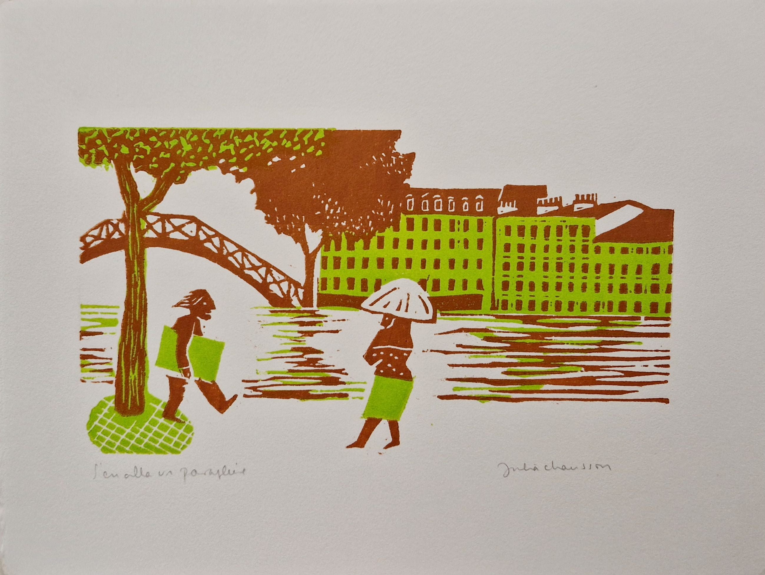 Editions d'art de JULIA CHAUSSON a pour titre  S'en alla un Parapluie style figuratif dim : JULIA CHAUSSONprix:65