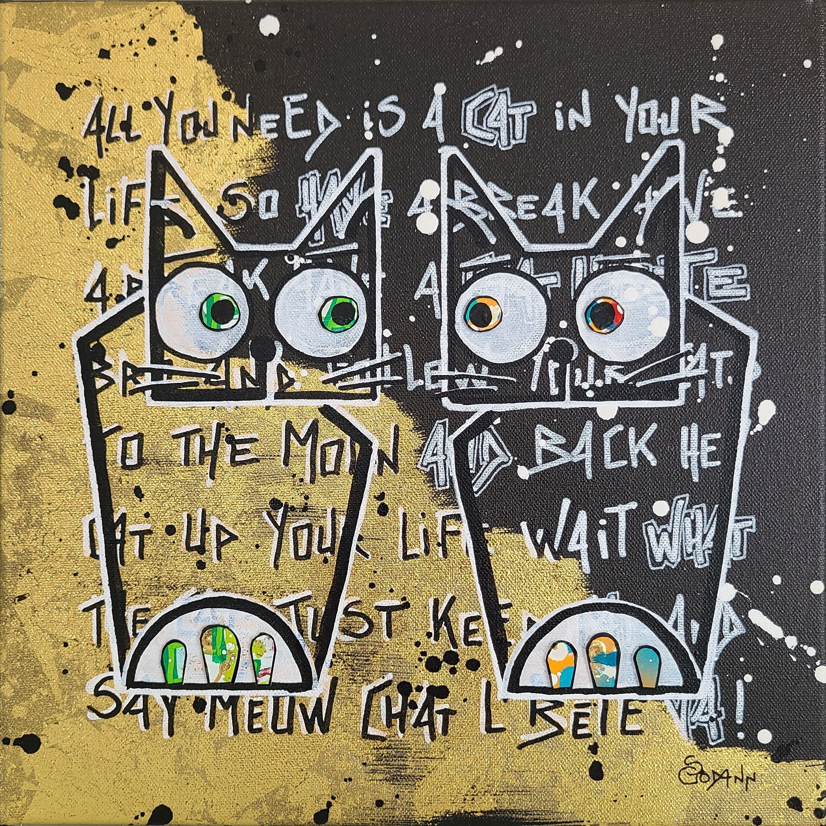 Tableau de Stephanie Godann a pour titre  Cat me to the moon style street art dim : Stephanie Godannprix:300