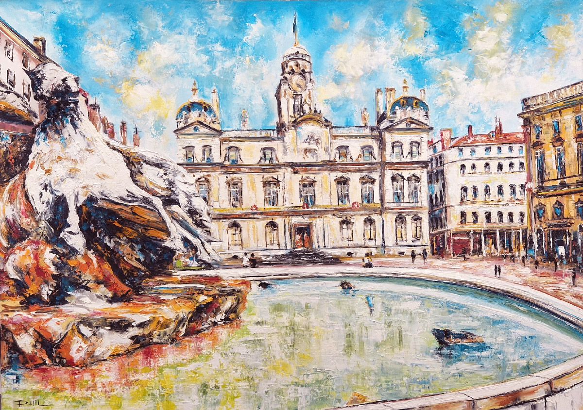 Tableau de PHIL a pour titre  Bartholdi et la Place des Terreaux, LYON style figuratif dim : PHILprix:700