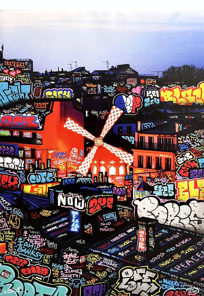 Tableau de BLACH a pour titre  Moulin rouge style graffiti, street art dim : BLACHprix:90