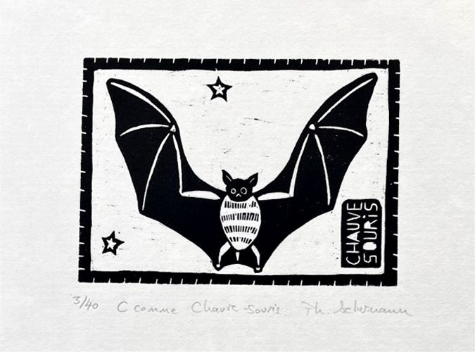 Editions d'art de PHILIPPE ACHERMANN a pour titre  C COMME CHAUVE SOURIS style figuratif, graphique dim : PHILIPPE ACHERMANNprix:40