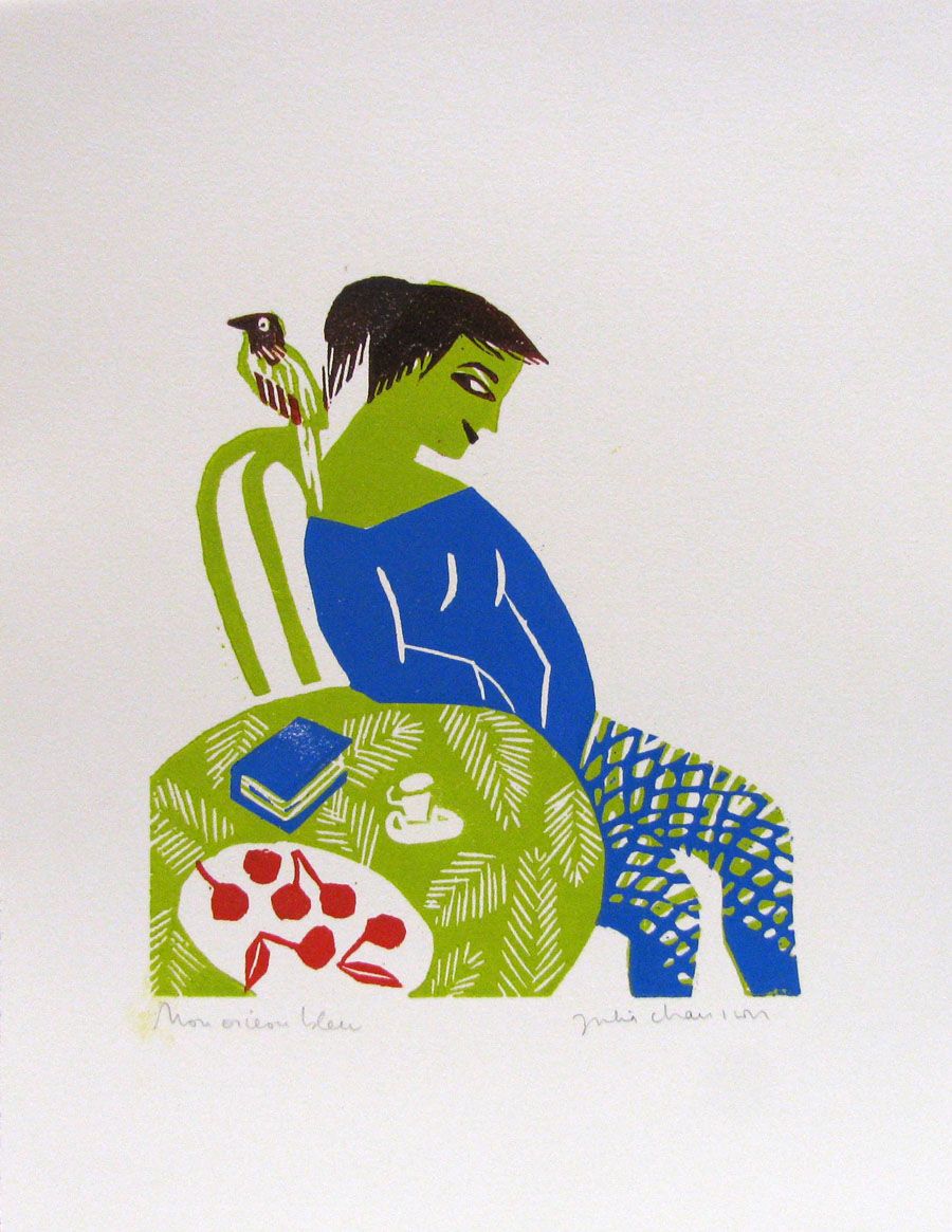 Editions d'art de JULIA CHAUSSON a pour titre  MON OISEAU BLEU style figuratif dim : JULIA CHAUSSONprix:60