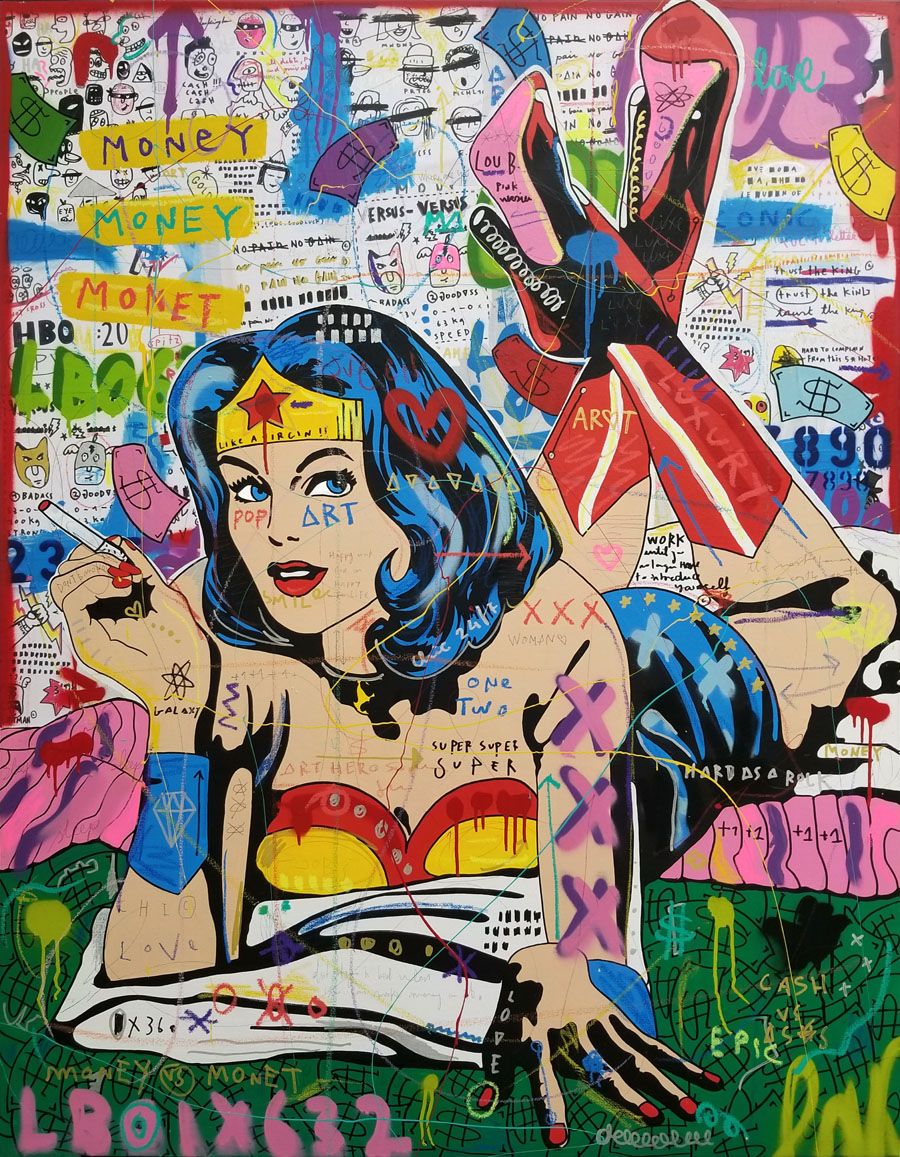 Editions d'art de JISBAR a pour titre  WONDERWOMAN FICTION ea style street pop art, graphique dim : JISBARprix:150