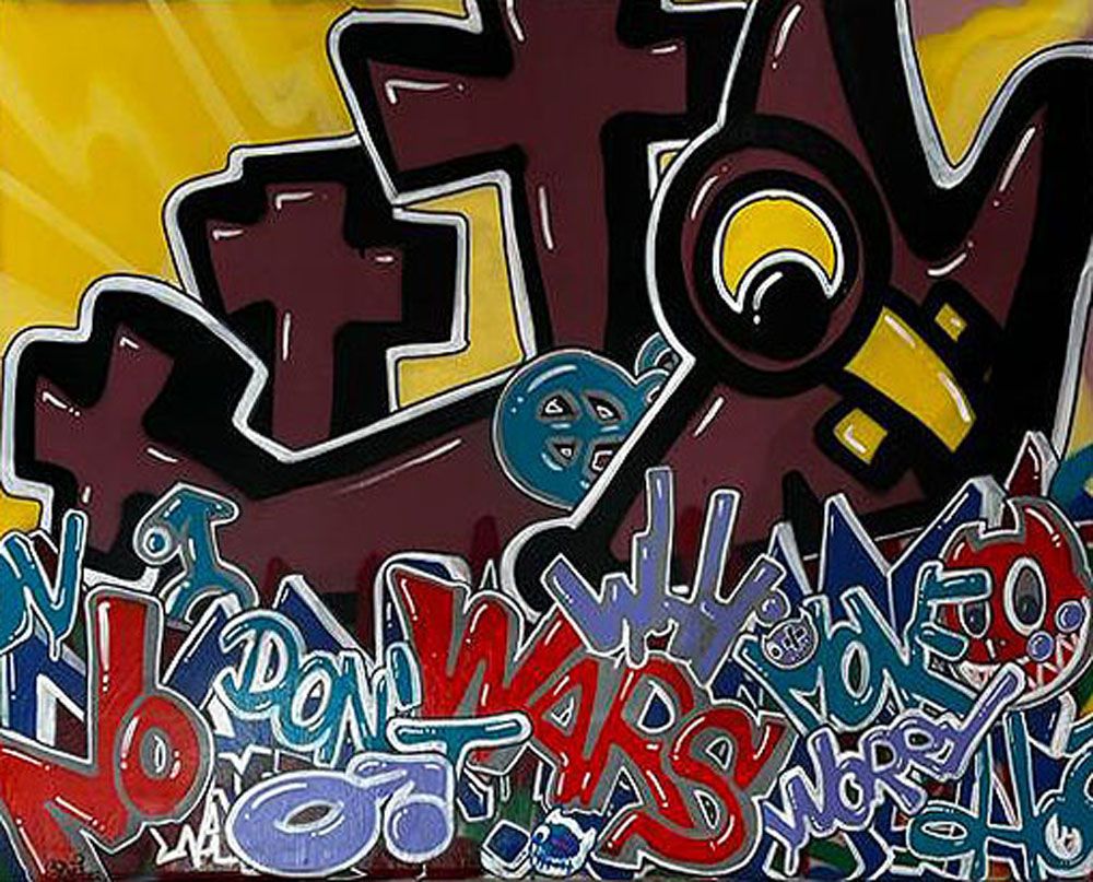 Tableau de GUTI a pour titre  NO WAR style graffiti, street art dim : GUTIprix:700