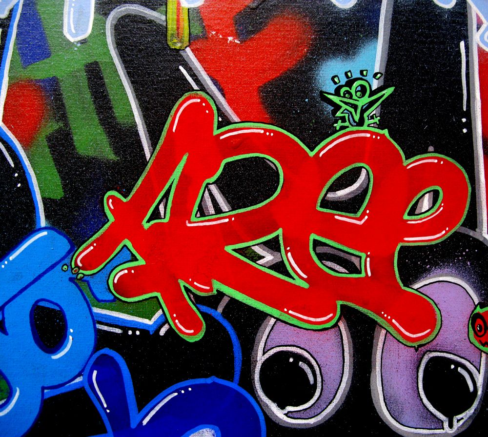 Tableau de GUTI a pour titre  AMOUR MASQUE style graffiti, street art dim : GUTIprix:250