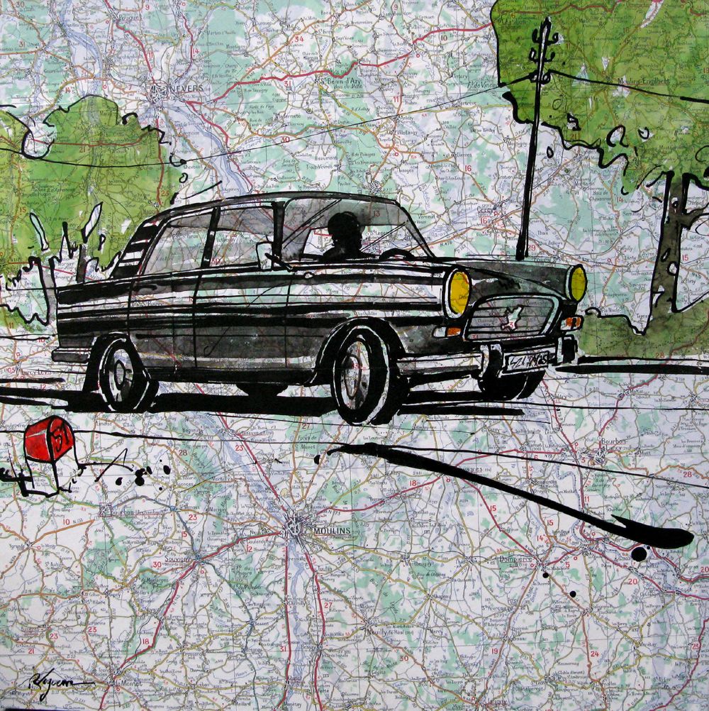 Tableau de CYRIL REGUERRE a pour titre  PEUGEOT 404 style figuratif dim : CYRIL REGUERREprix:250