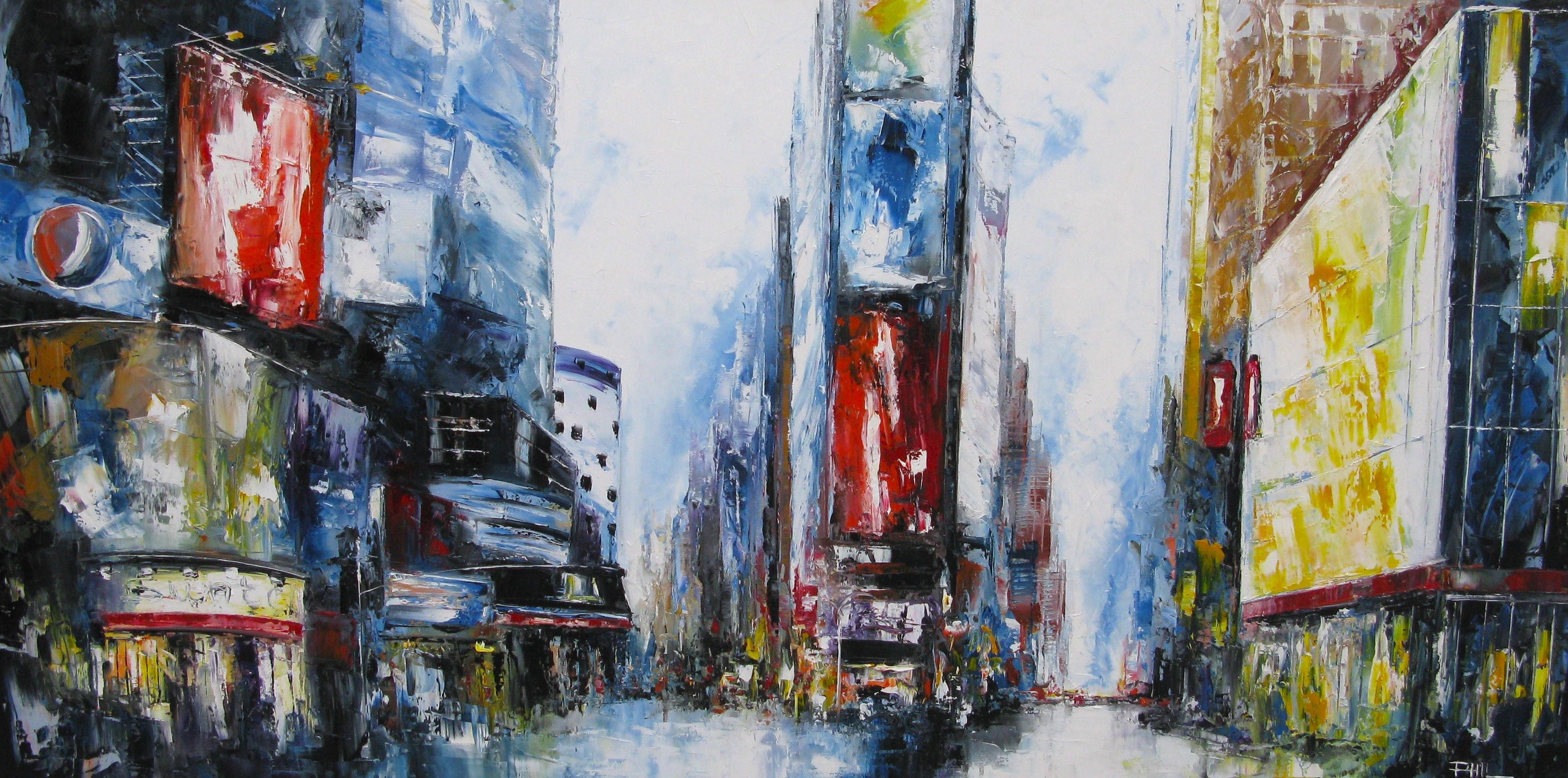 Tableau de PHIL a pour titre  Au pied de Times square NY style figuratif dim : PHILprix:950