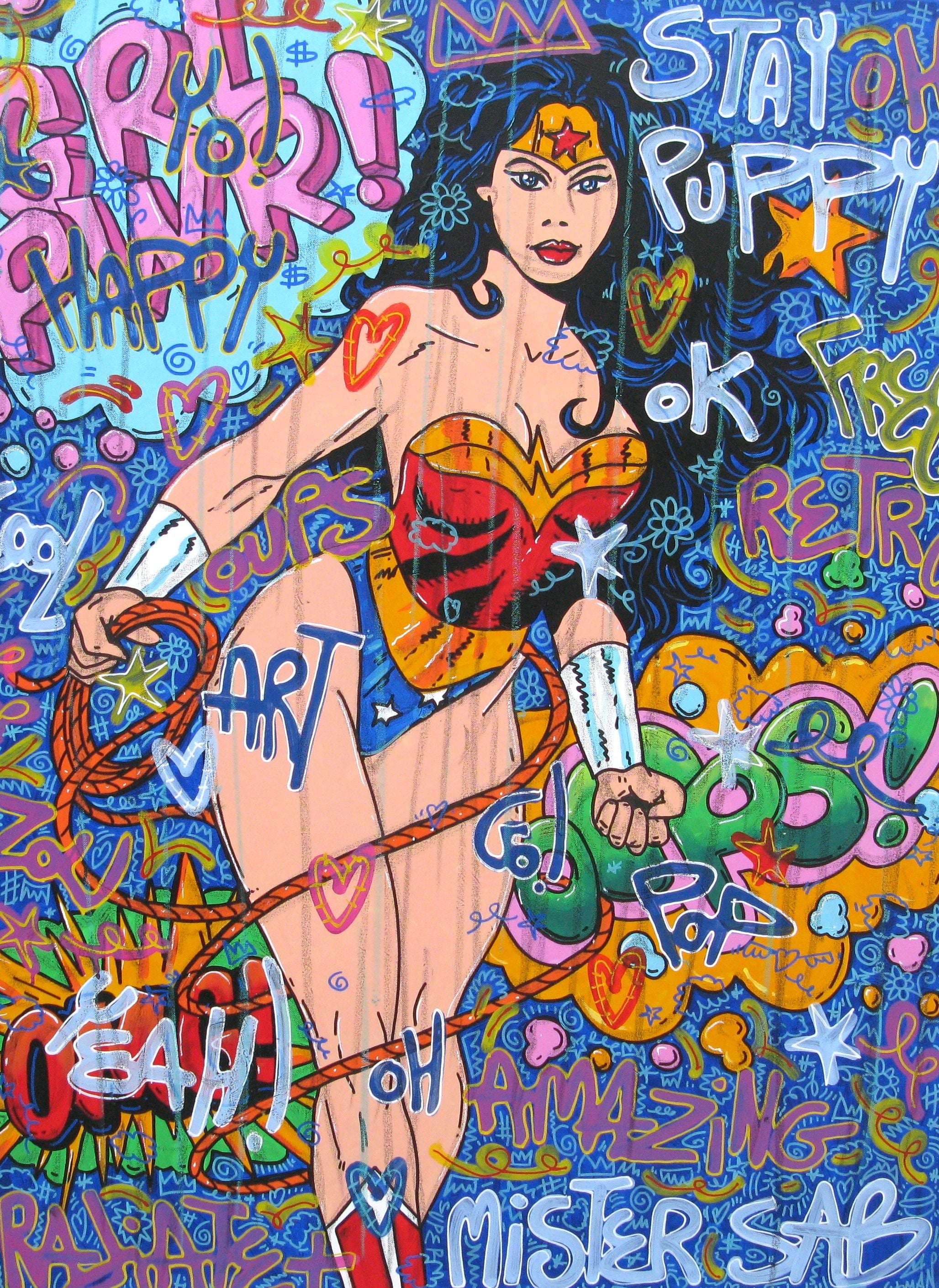 Tableau de RICO SAB a pour titre  Stay puppy wonder woman style street pop art, street art dim : RICO SABprix:1350