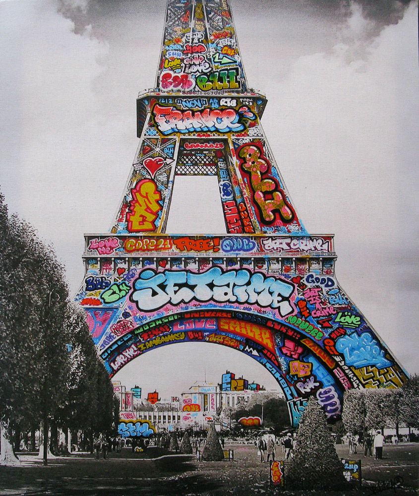 Editions d'art de BLACH a pour titre  PARIS la tour Eiffel en noir et blanc, je t'aime style graffiti, street pop art dim : BLACHprix:150